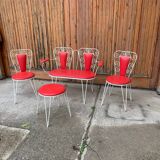 Vintage garden set 1968 white metal and red faux leather, set of 4 (2 chairs, bench, table)