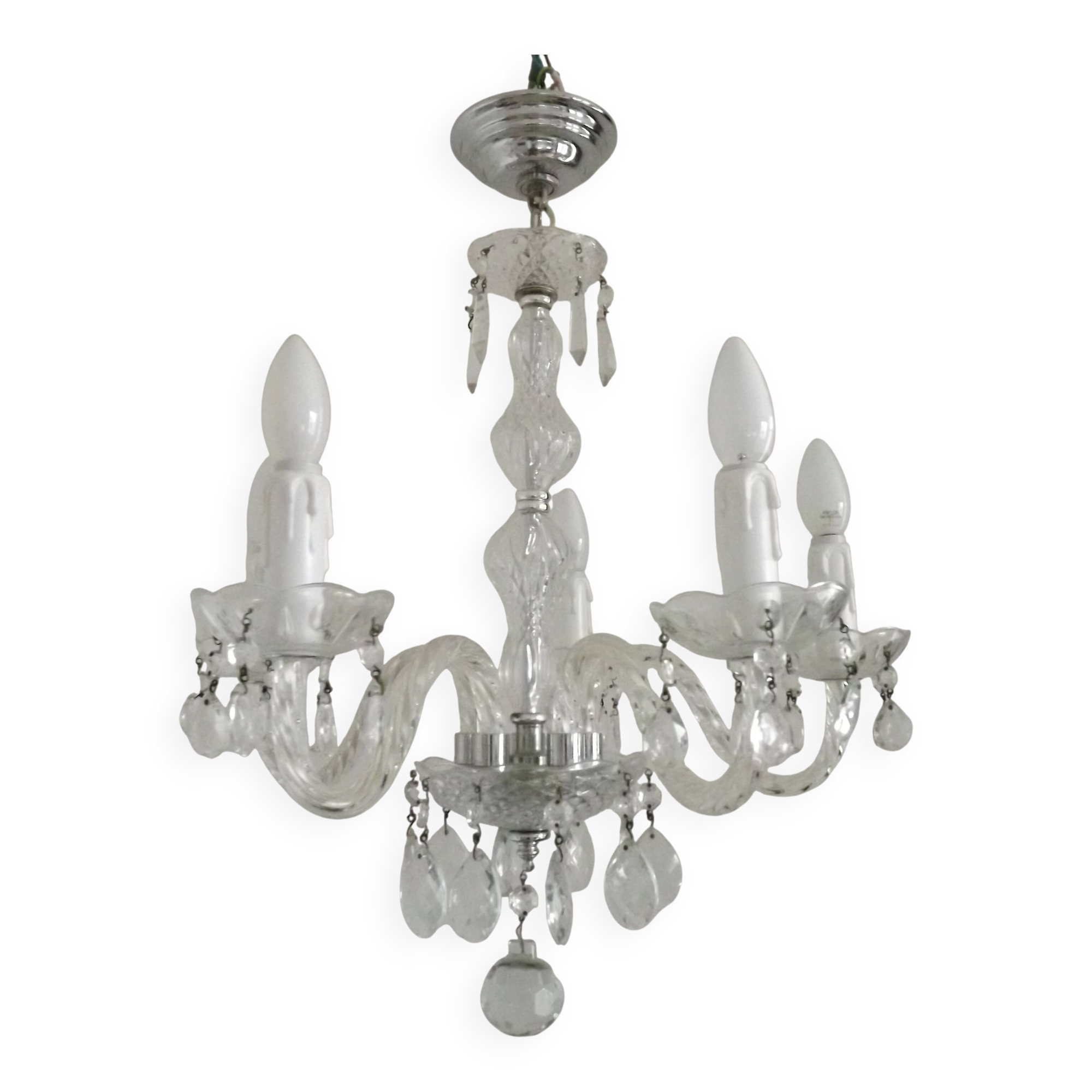 French Vintage  5 Light Barley Twist Glass and Crystal Chandelier