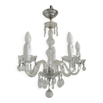 French Vintage 5 Light Barley Twist Glass and Crystal Chandelier