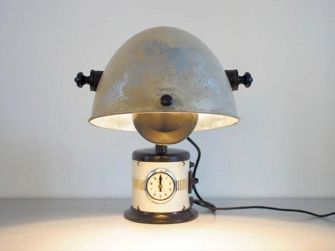 Black and white table lamp made from a 1940s solar lamp.