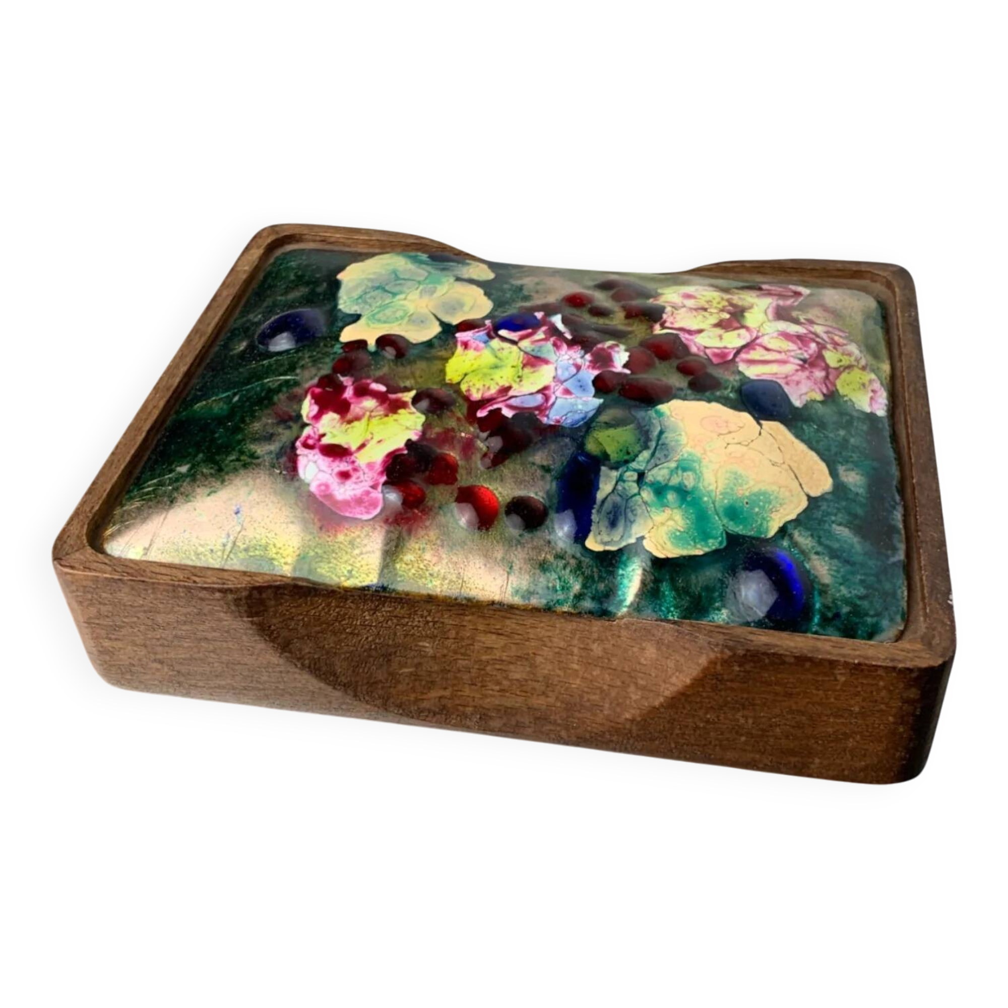 Modernist wood and enamel vanity box by J. Capo Esmaltes, 1970s, Spain