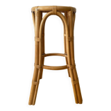 Tabouret haut / Sellette porte-plante en rotin et bambou des années 70
