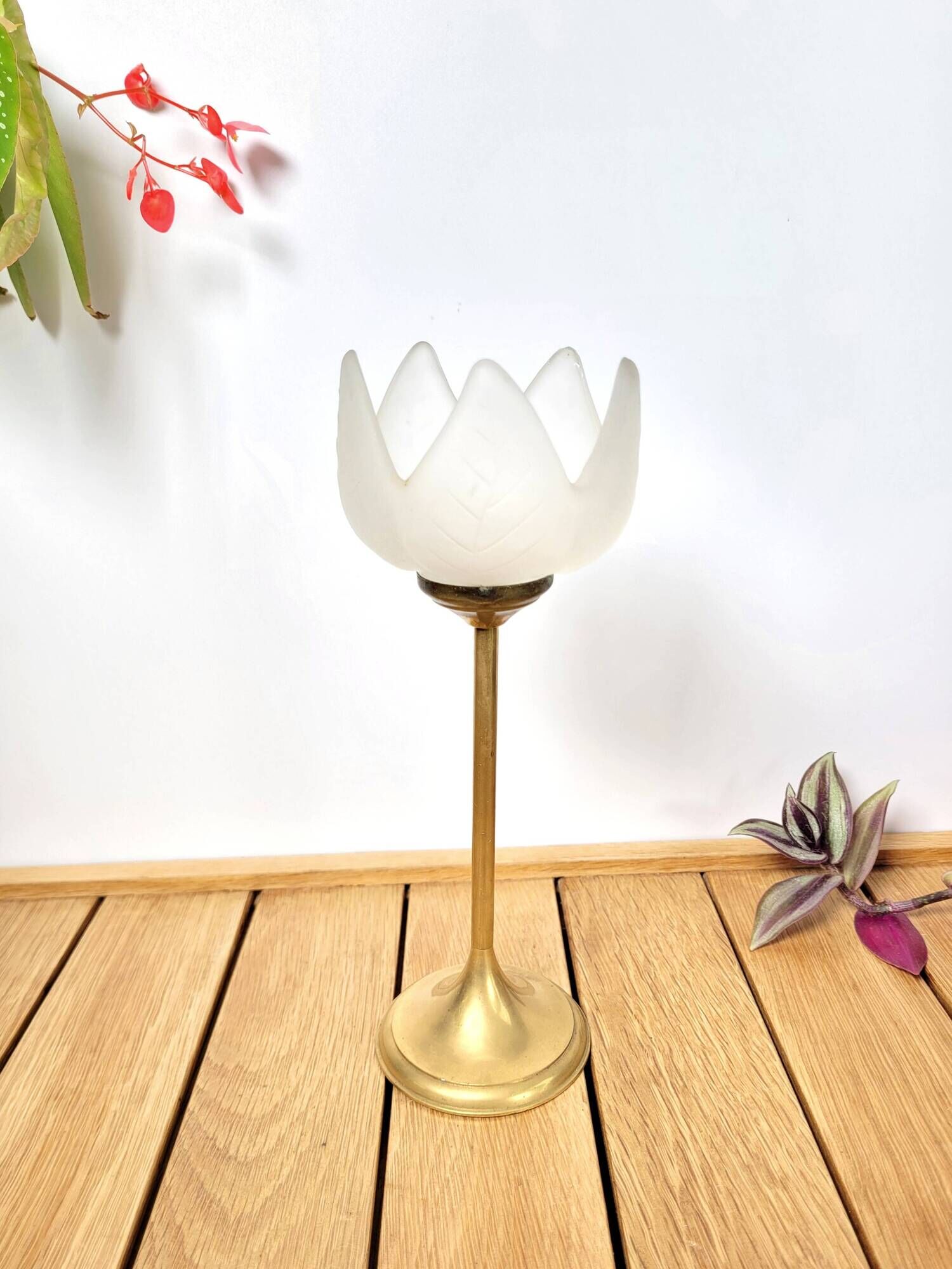 Tulip candle holder in brass and frosted glass