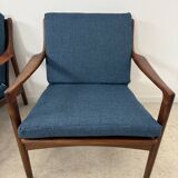 Set of 2 Scandinavian design teak armchairs from the 60s, new blue fabric