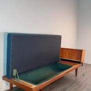 Norwegian daybed sofa in teak and blue fabric, renovated, vintage scandinavian 1960s