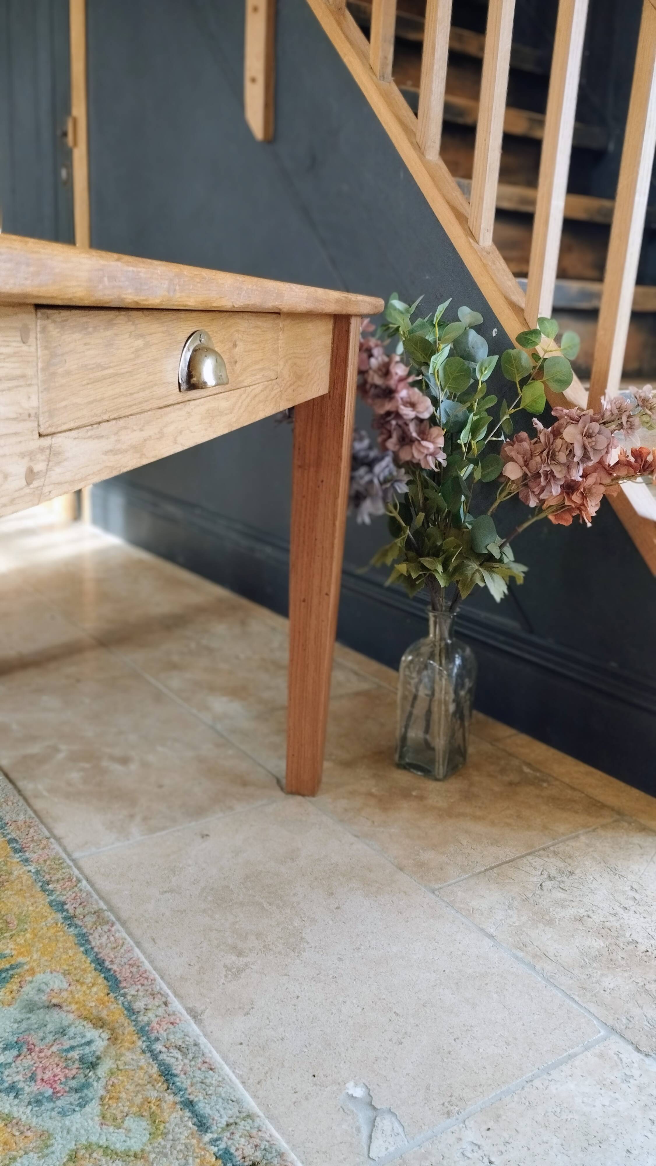 Solid oak farmhouse table, gilded and patinated, two drawers, 260 x 100 cm