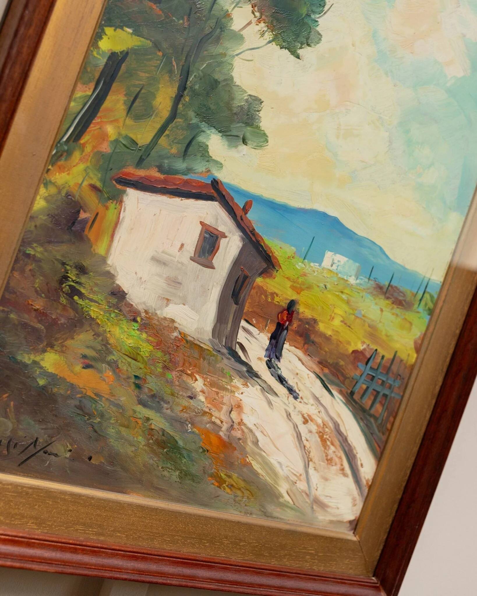 XL Vintage Oil Painting on Wood Panel in a Golden Frame, 1960s Italy Landscape with Woman