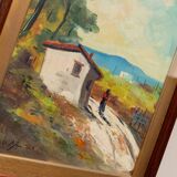 XL Vintage Oil Painting on Wood Panel in a Golden Frame, 1960s Italy Landscape with Woman