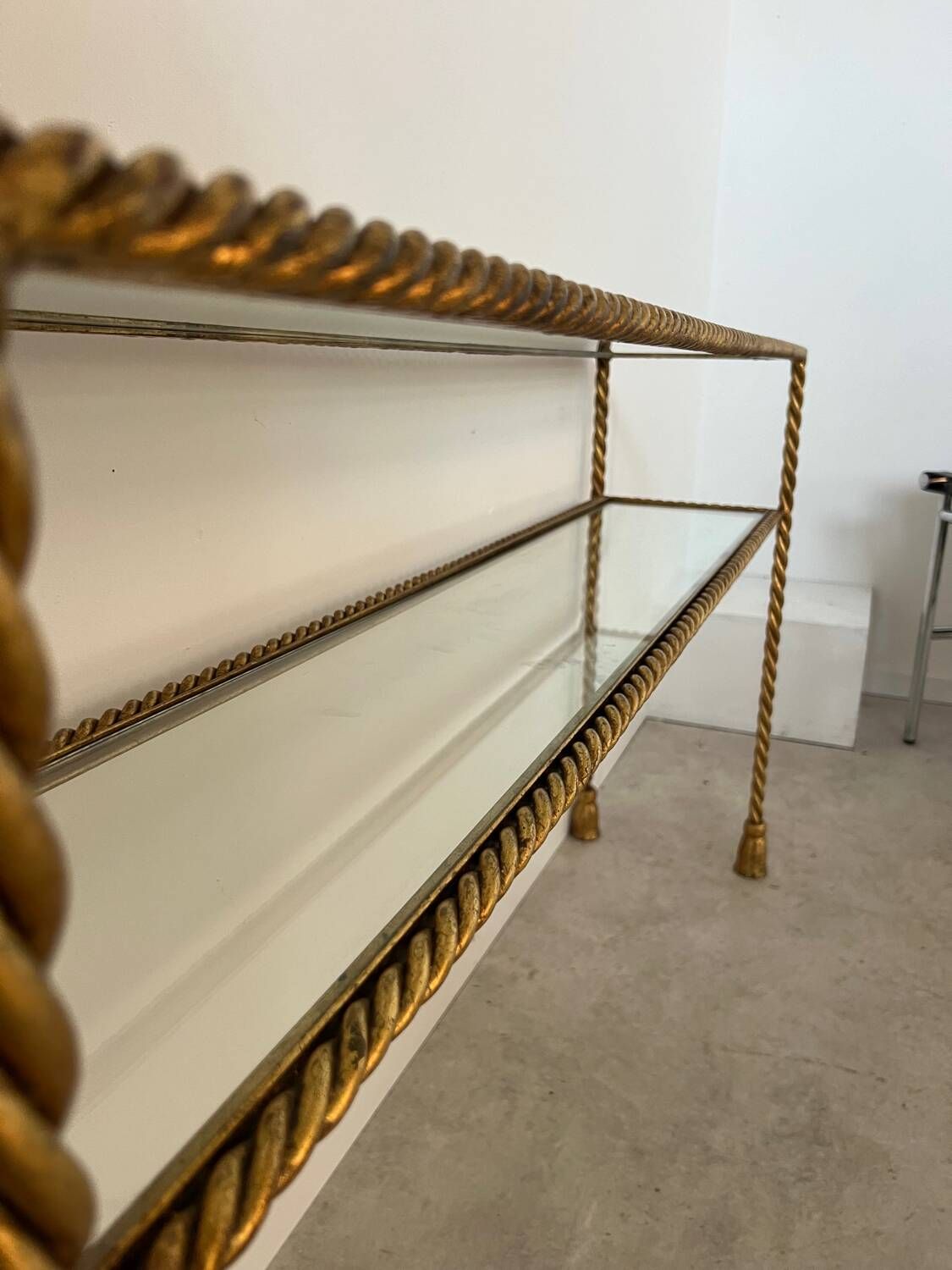 Antique console table in twisted gilded brass and glass Italian design from the 60s vintage table