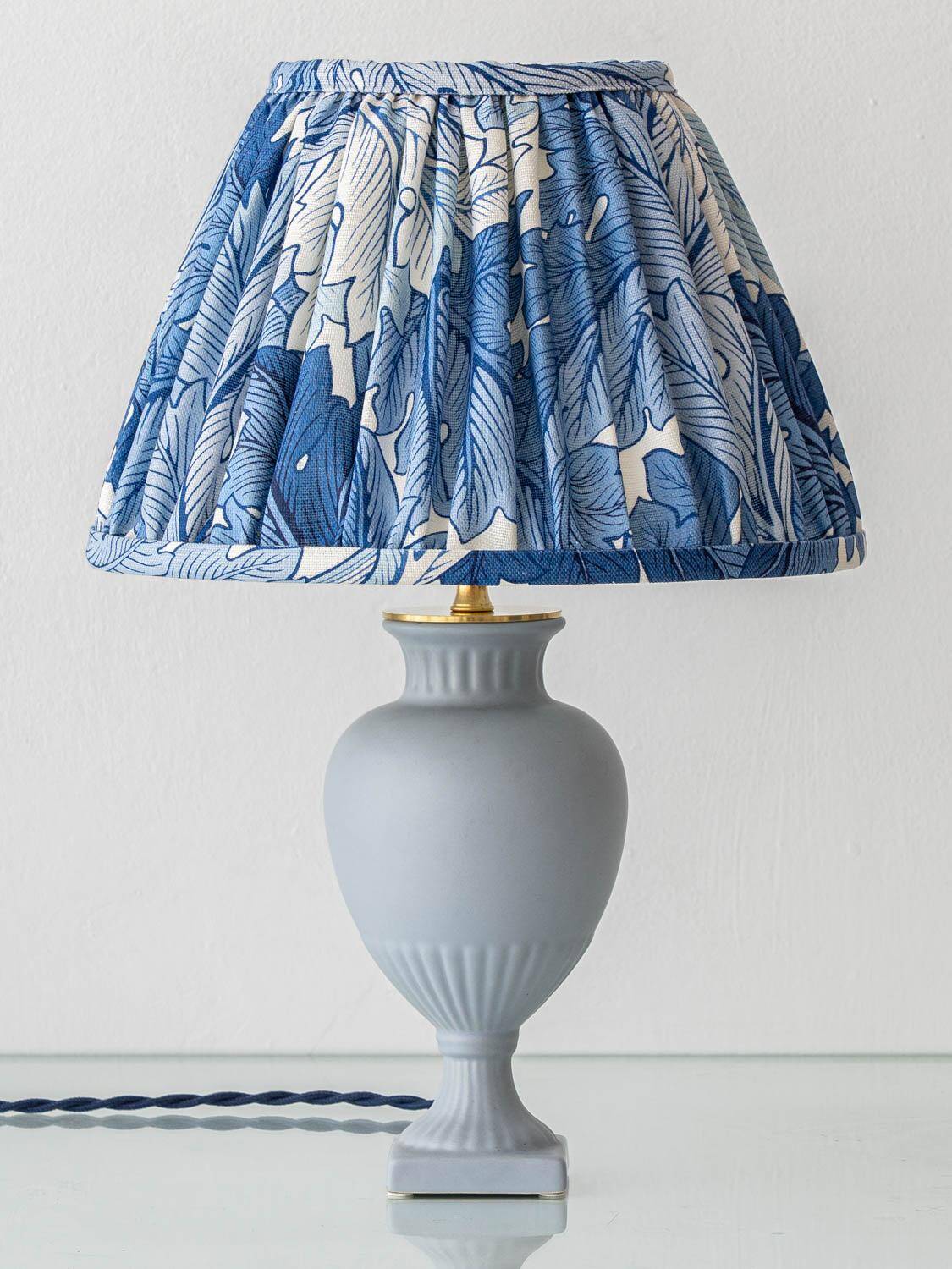 Neoclassical blue ceramic table lamp, pleated William Morris Acanthus shade.