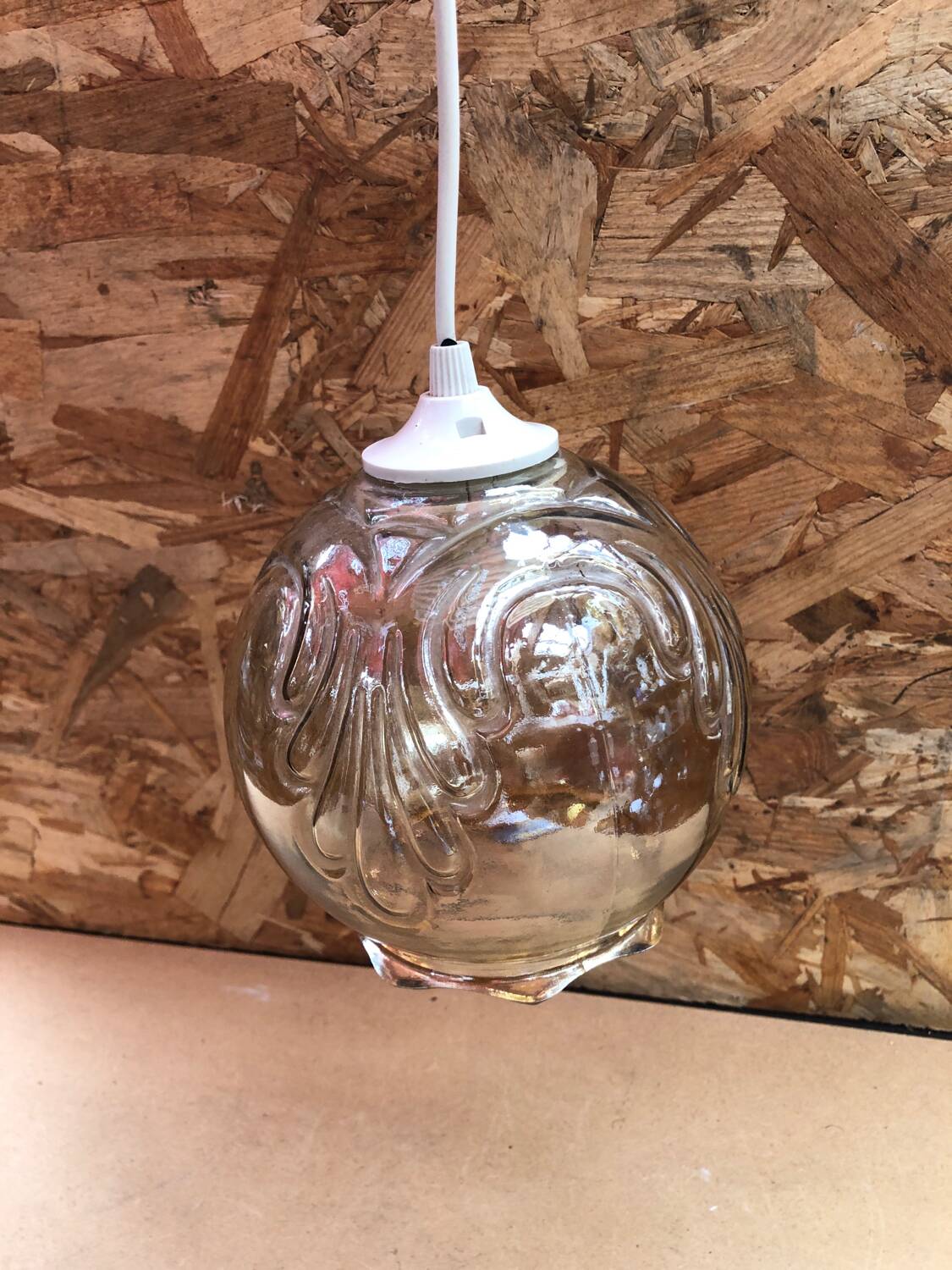 Old Molded Glass Ball Pendant Lamp 70's Vintage