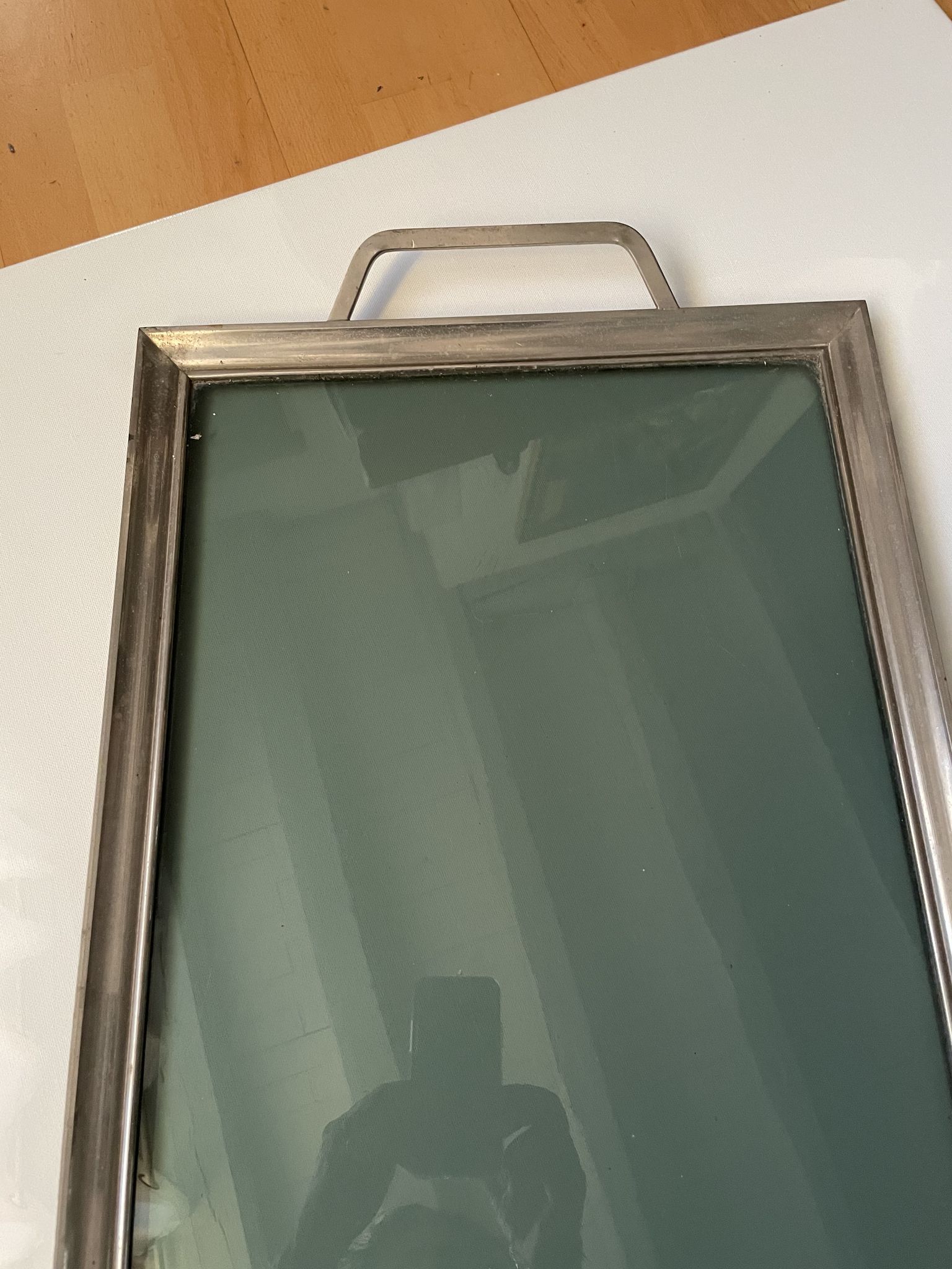Plateau art deco bronze argenté verre anses rayé
