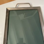 Plateau art deco bronze argenté verre anses rayé