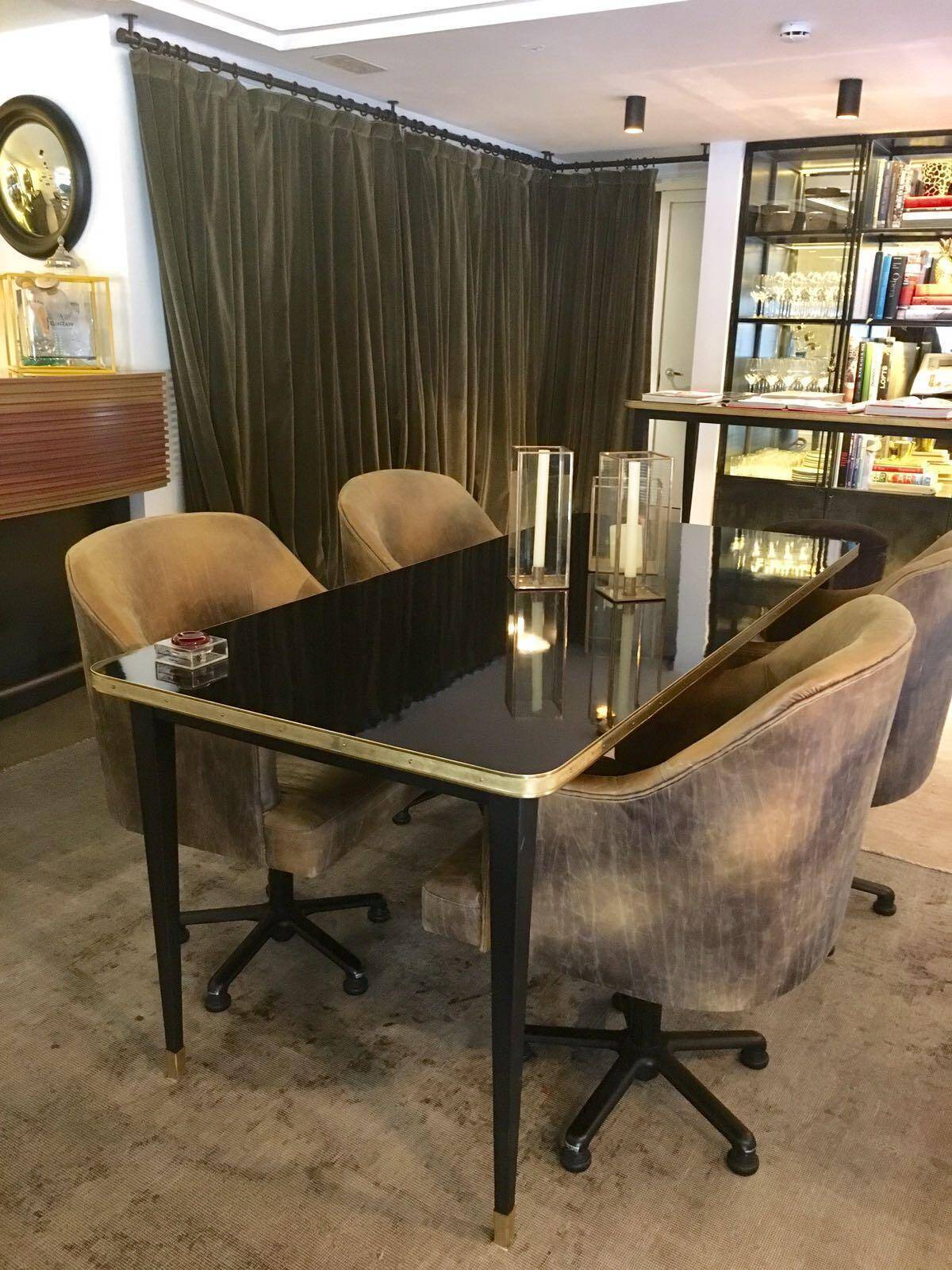 Dining Table, High Gloss Laminate, Brass, Tapered Legs, Navy Blue - XL