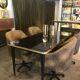 Dining Table, High Gloss Laminate, Brass, Tapered Legs, Navy Blue - XL