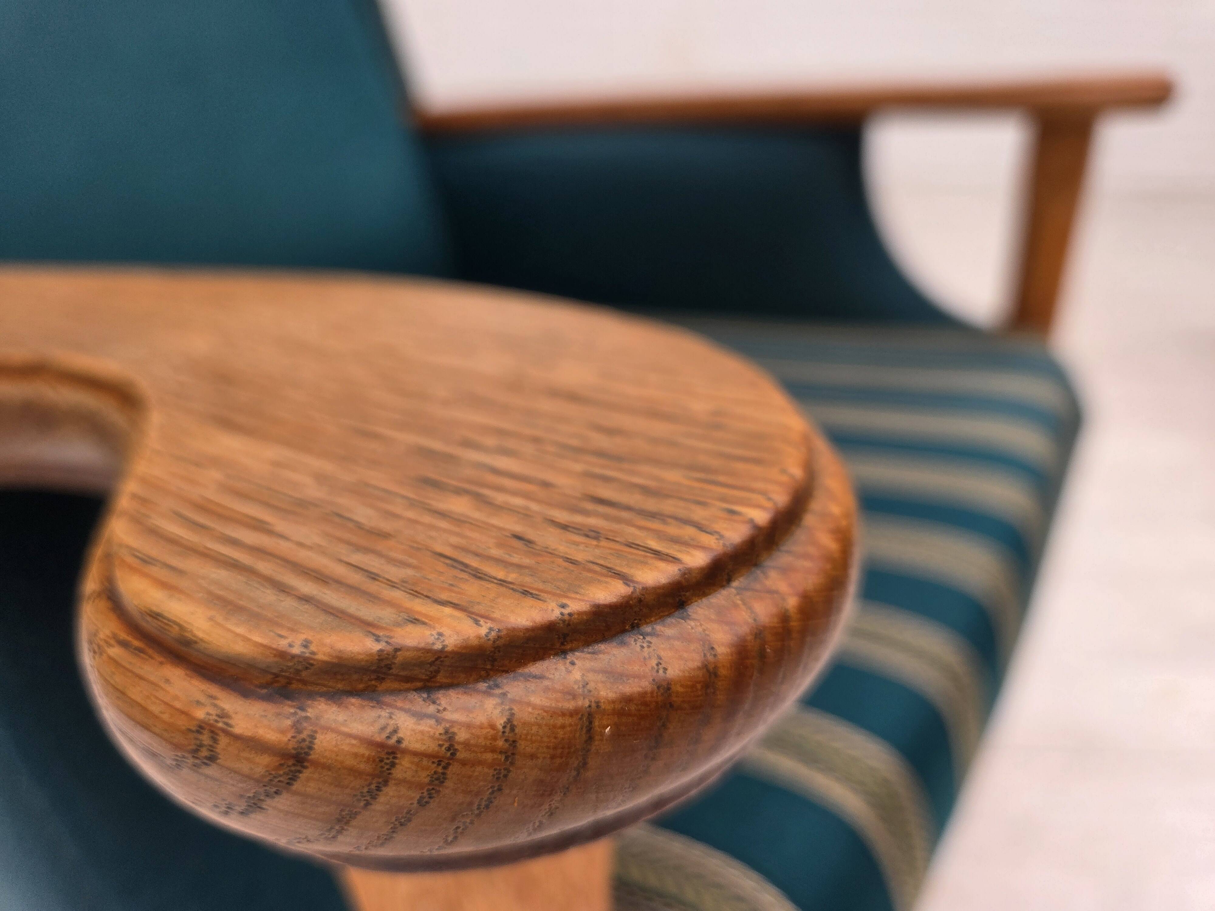 1970s, Danish highback armchair, furniture wool, solid oak wood.