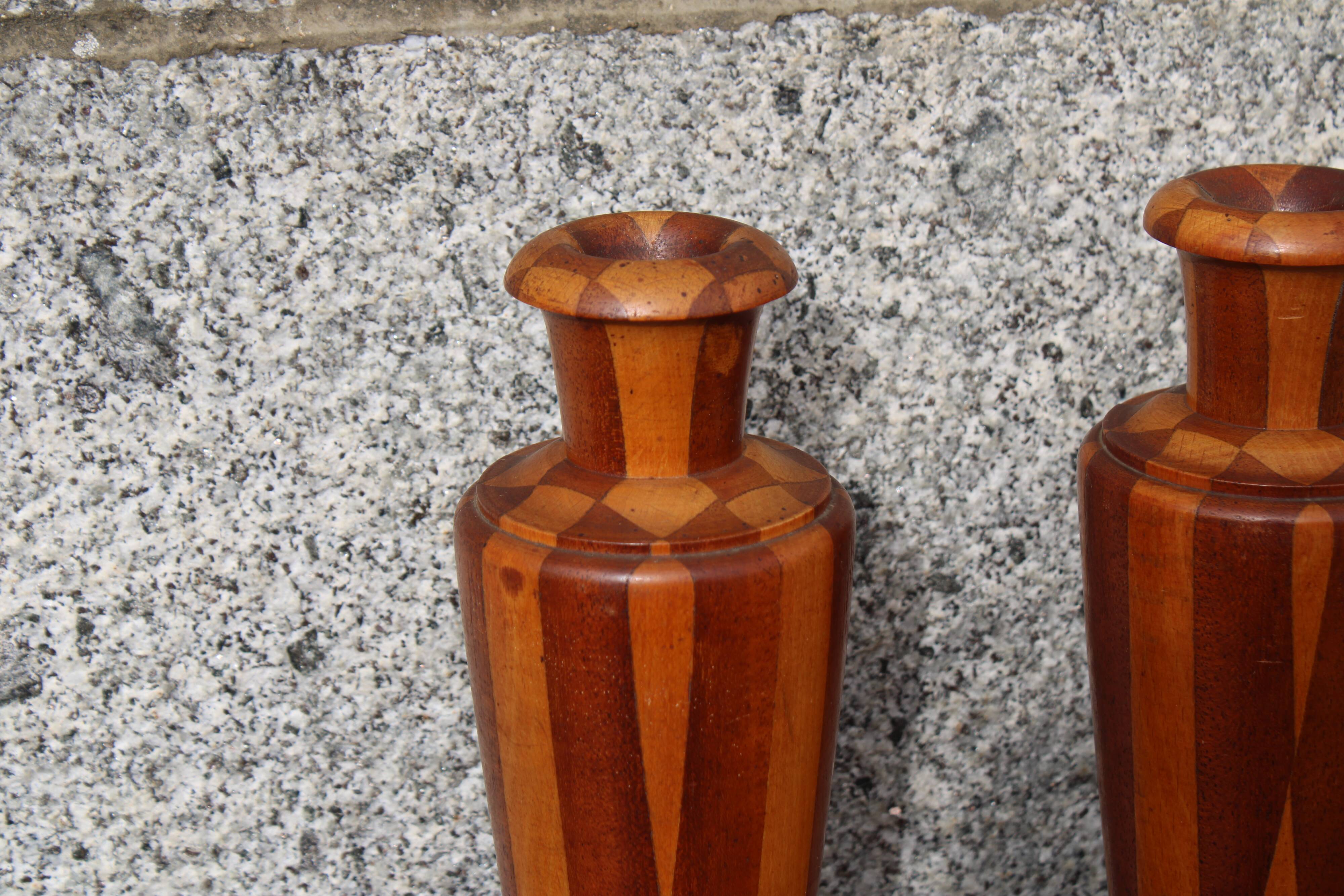Pair of turned wooden vases – geometric design