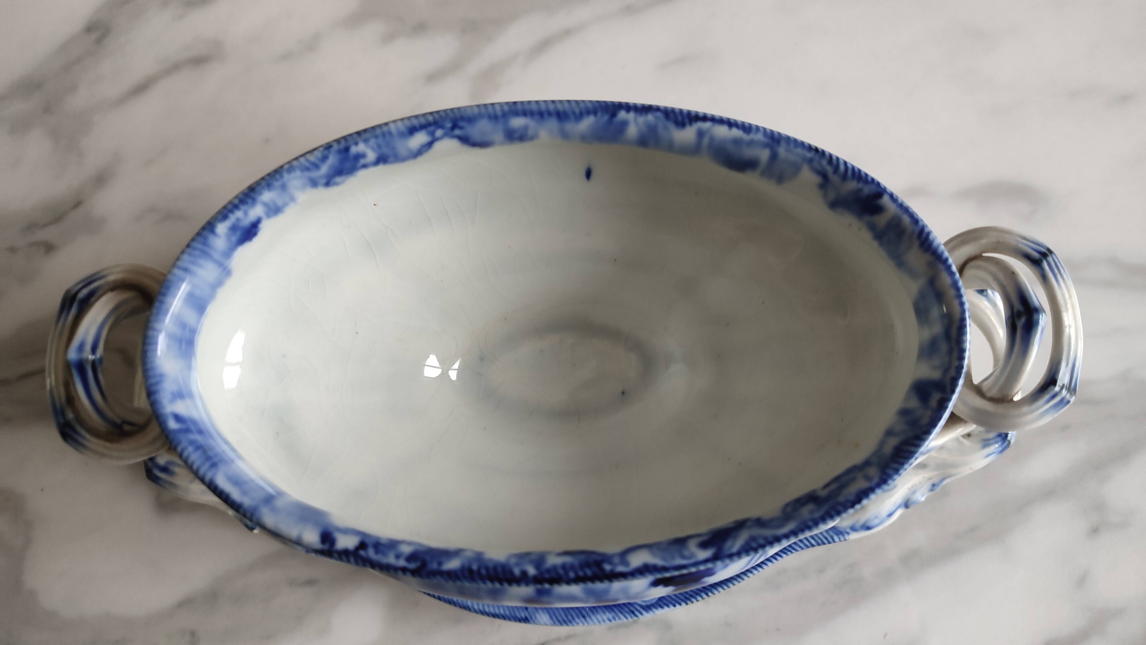 Antique sauceboat signed Creil et Montereau, Flora LM et Cie