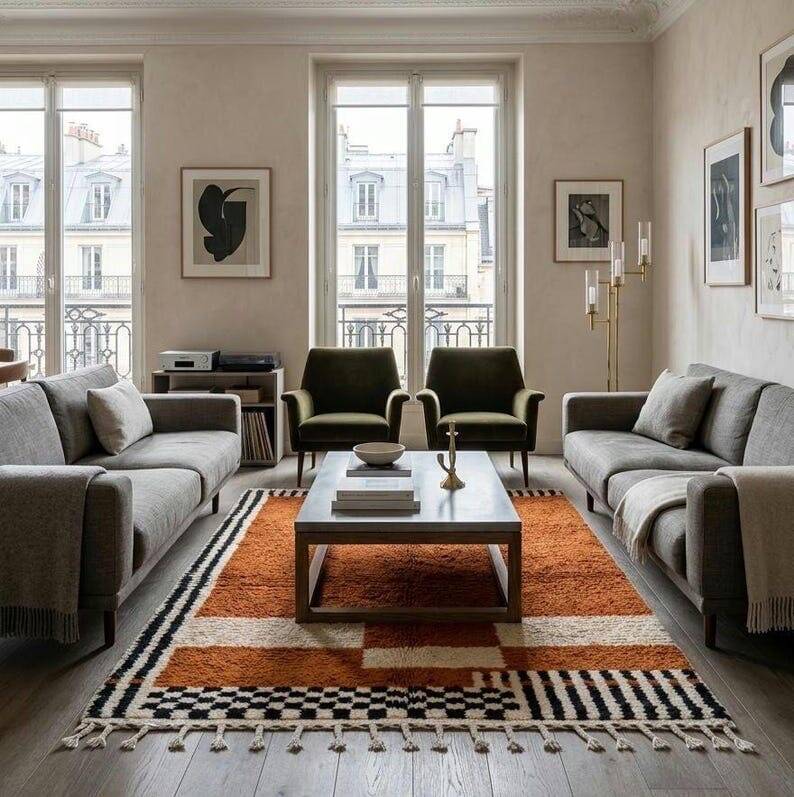 Large Berber rug made of natural wool, traditionally handwoven, 3/4 m.