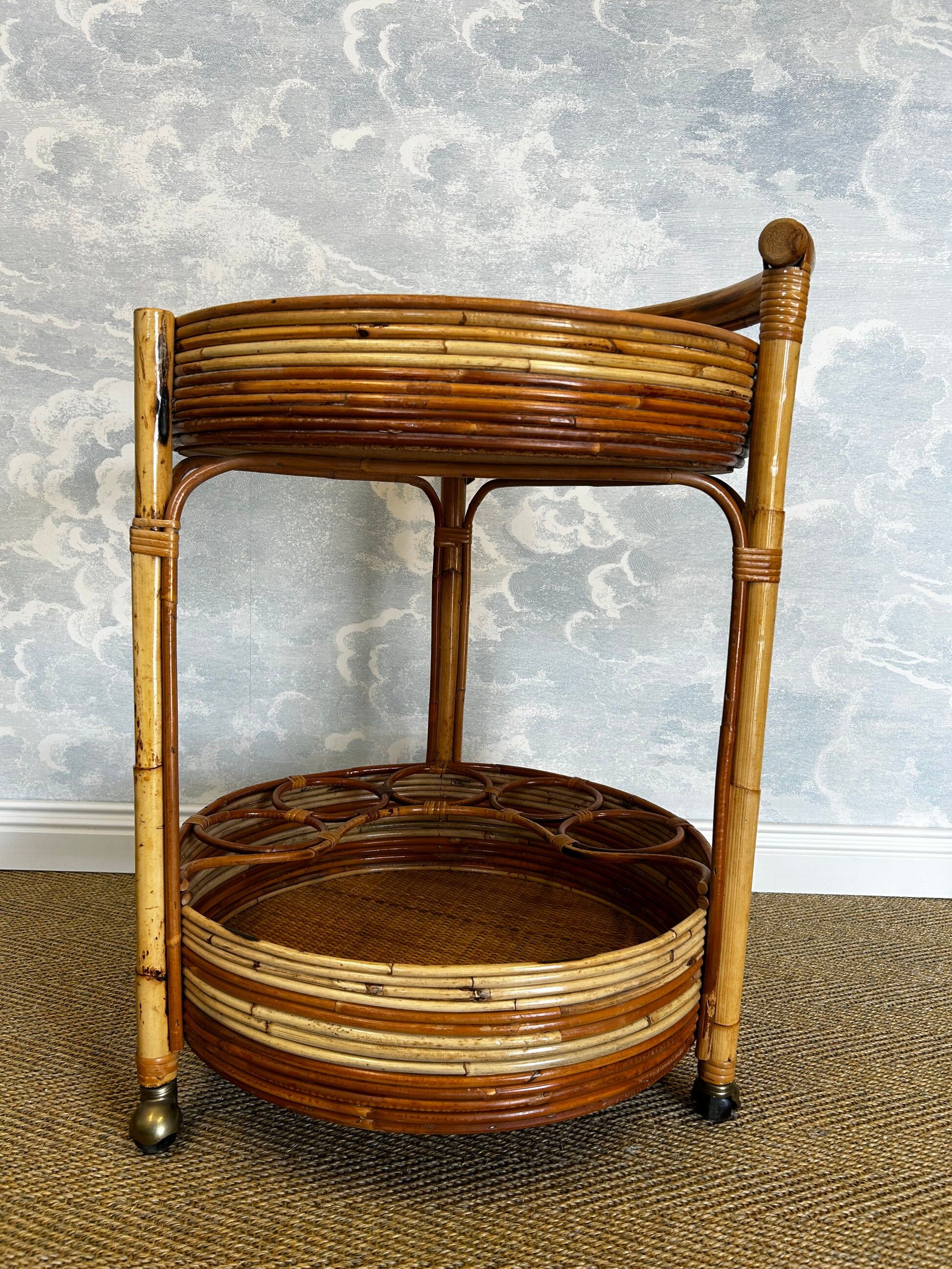 2-tiered round bamboo bar cart in the style of Vivai del Sud, Italy, 1960s