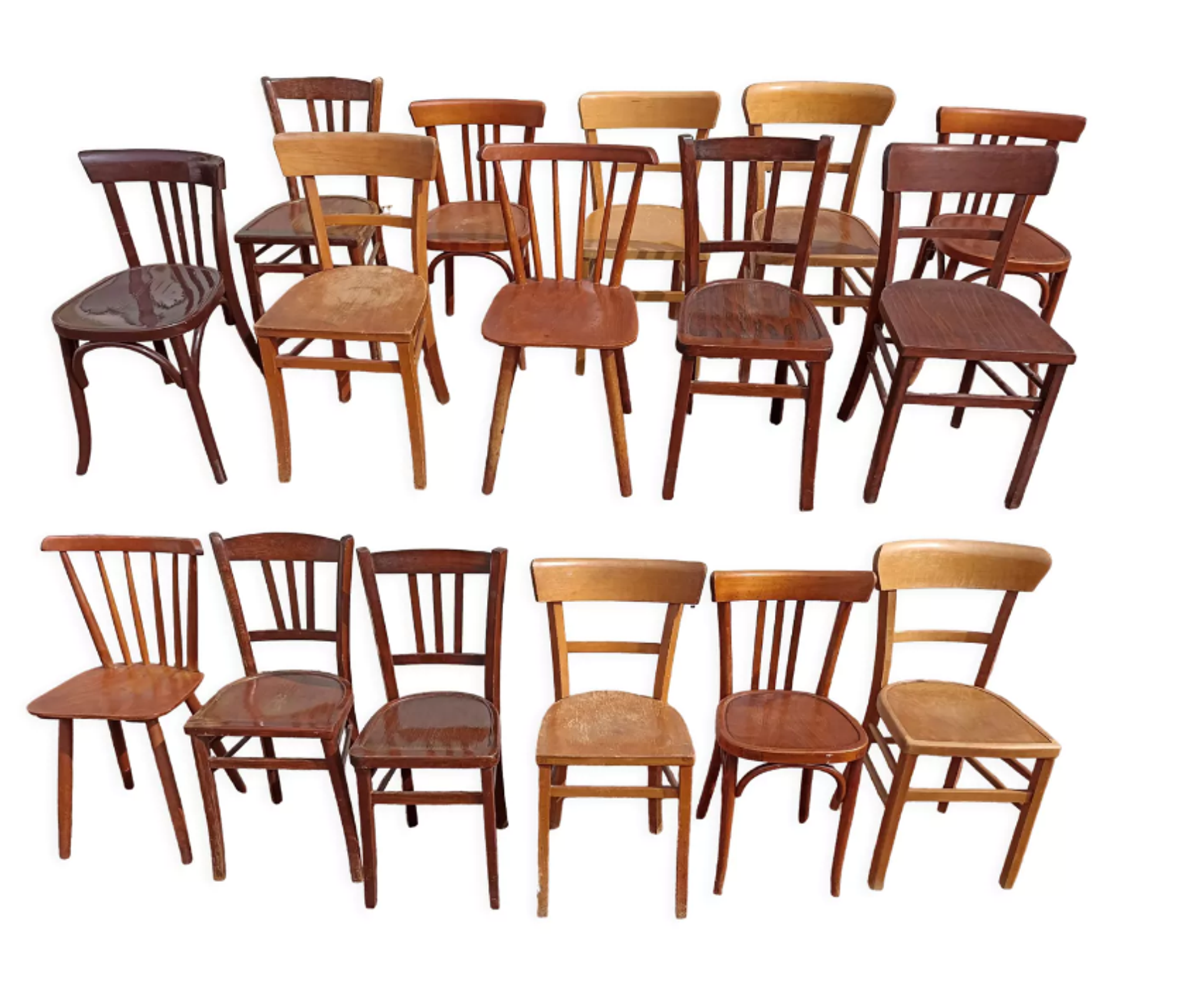 Set of 16 mismatched wooden bistro chairs - vintage - luterma