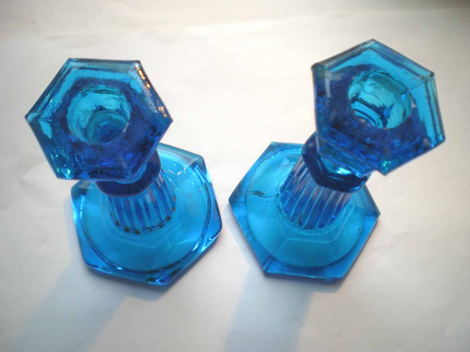 2 blue glass doll candlesticks