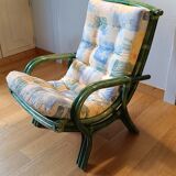 Large vintage green bamboo rattan armchair from Gâtinais with cushion