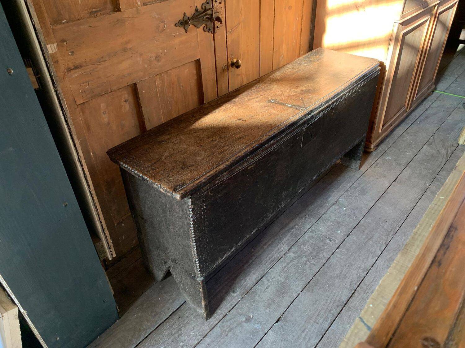 Large Heavy 18th Century Circa 1700 Primitive Carved Oak Sword Chest, Good