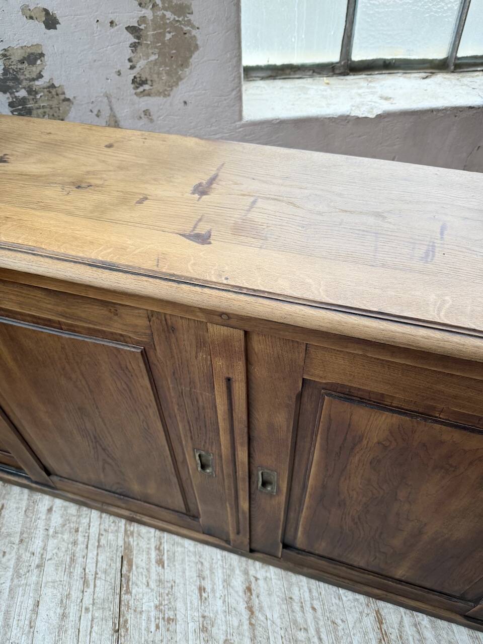 XL oak workshop sideboard with sliding doors from 1900
