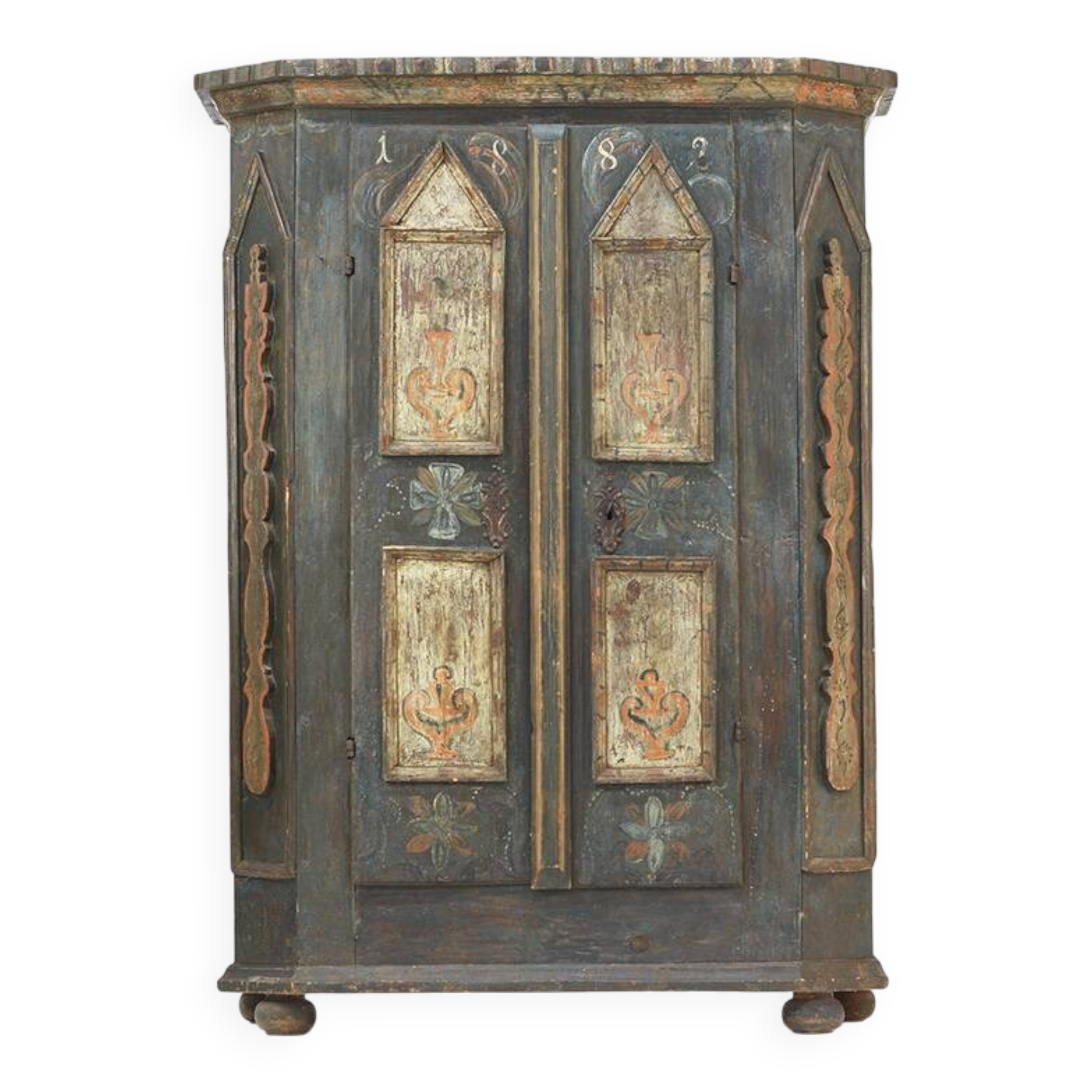 Antique Rustic Farmhouse Folk Art Painted Bridal Cabinet 1882