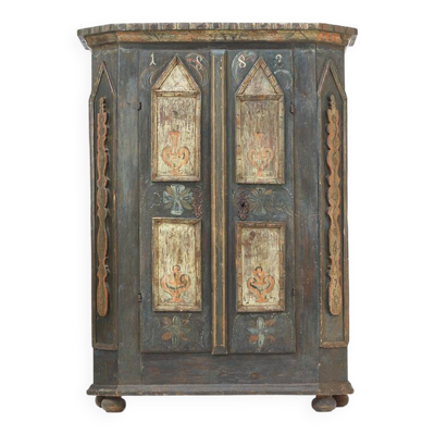 Cabinet de mariée peint en art populaire rustique antique de ferme 1882