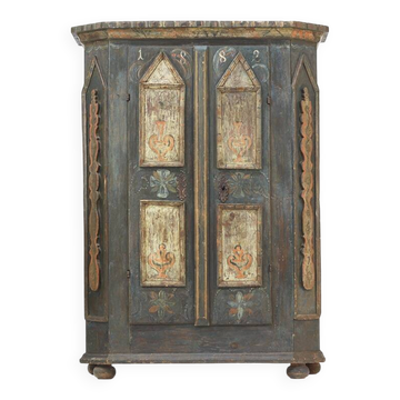 Antique Rustic Farmhouse Folk Art Painted Bridal Cabinet 1882