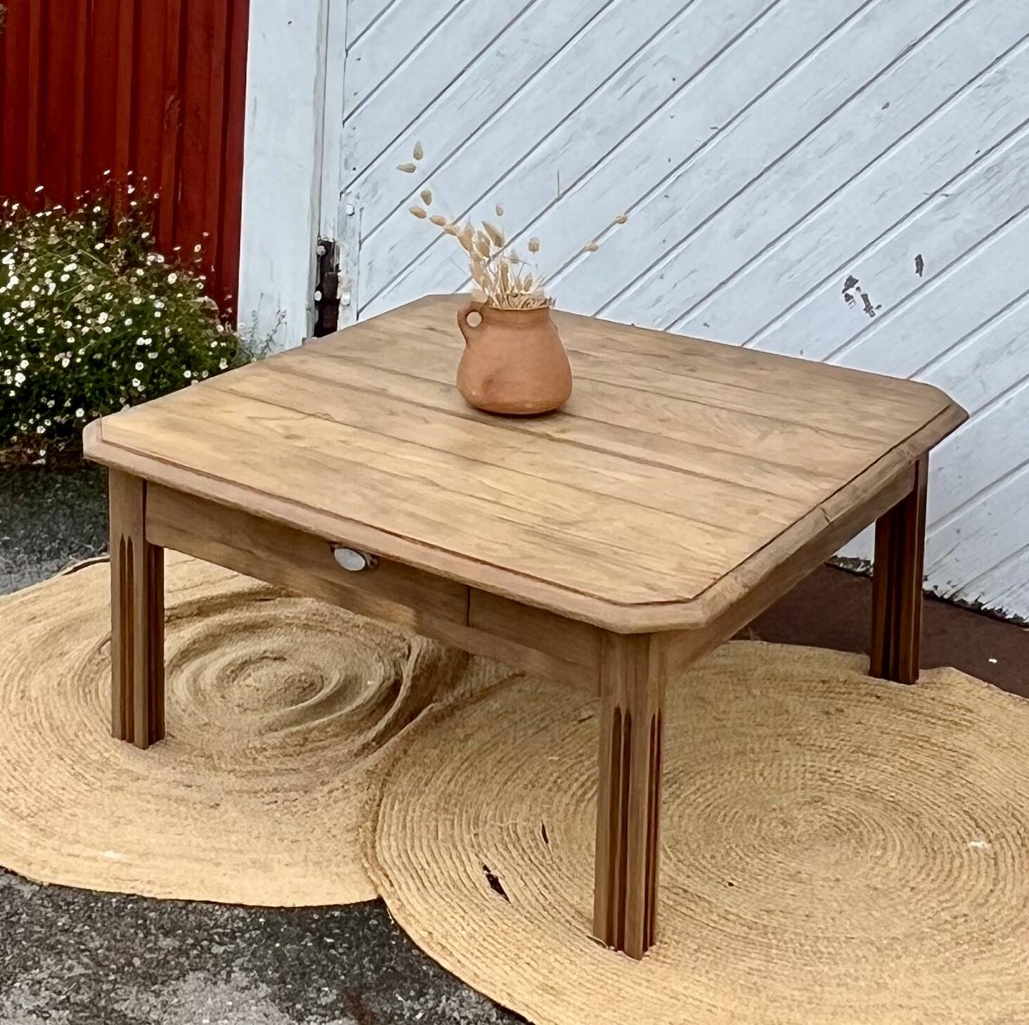 Large antique square coffee table with 1 drawer in solid raw wood