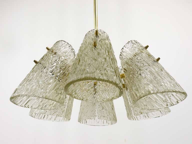 J.T. Kalmar Lustre in Brass, with Textured Glass Shade in Cone Shape, Austria, 1950