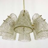 J.T. Kalmar Lustre in Brass, with Textured Glass Shade in Cone Shape, Austria, 1950