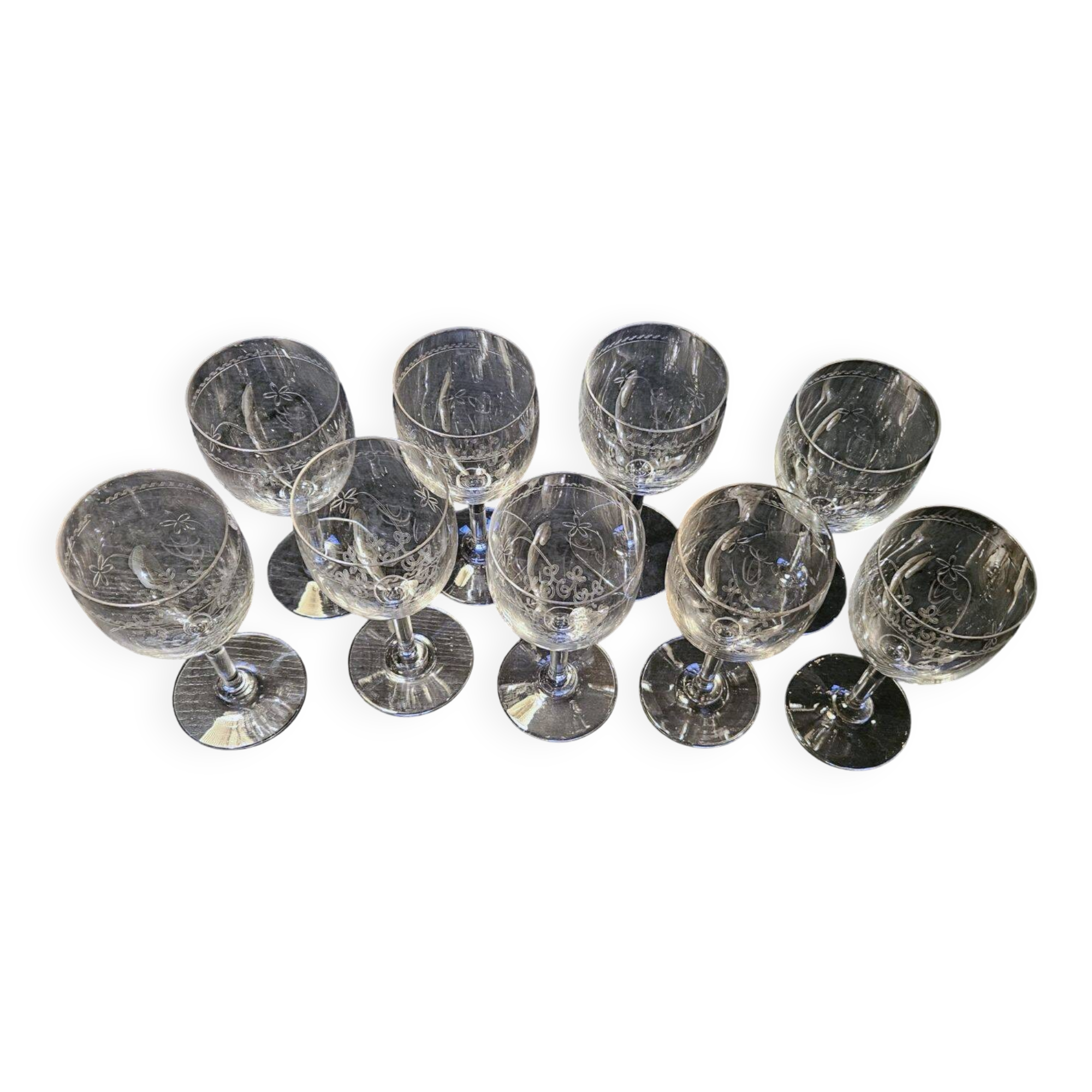 9 antique glass wine glasses engraved with flowers