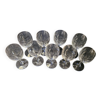 9 antique glass wine glasses engraved with flowers