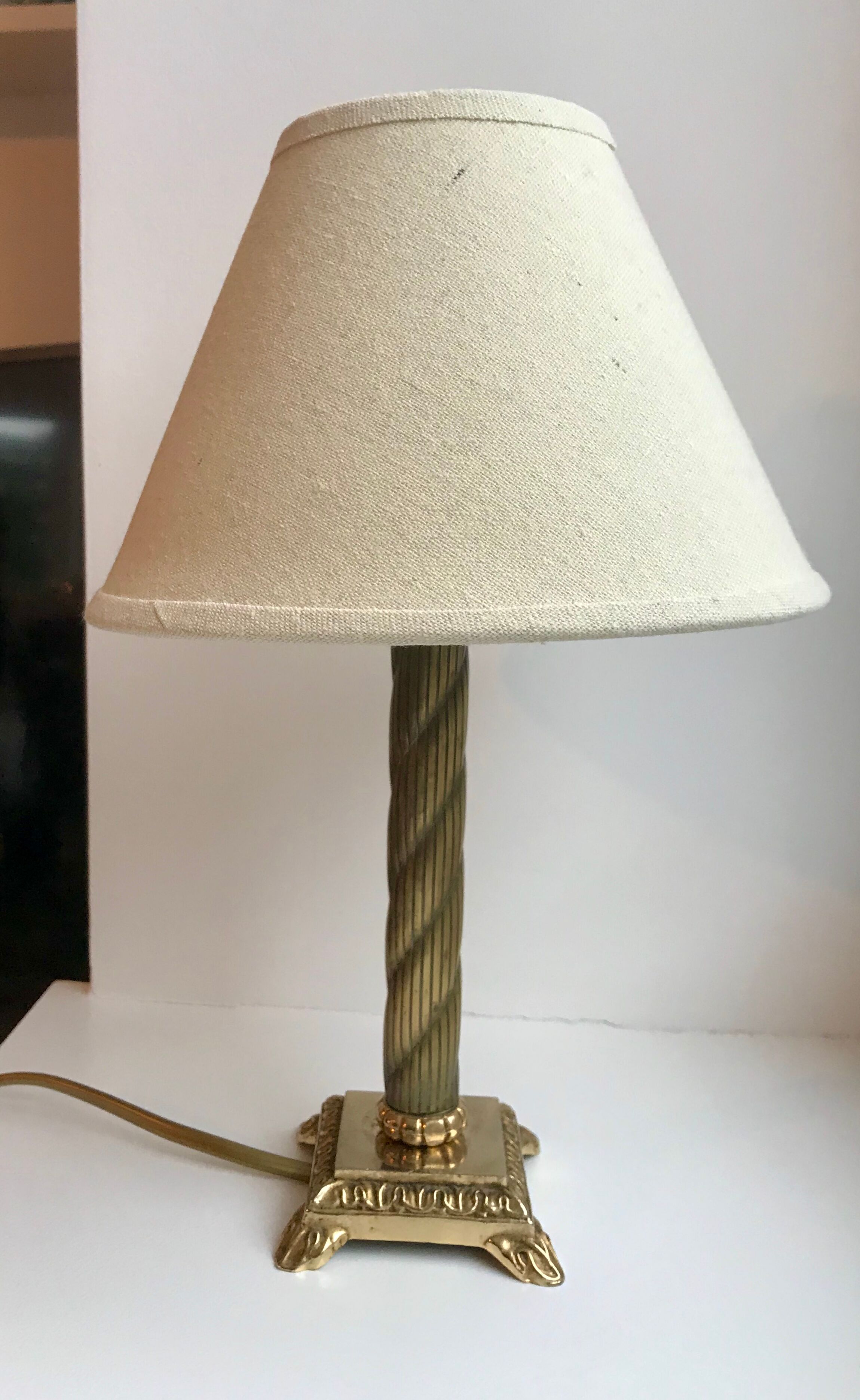 Brass table lamp and linen lampshade 50s