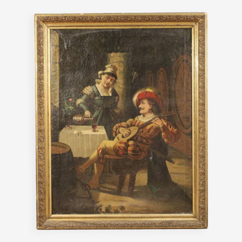 Tableau italien scène d'intérieur avec musicien du 20ème siècle