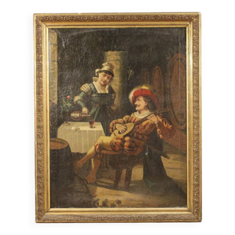 Tableau italien scène d'intérieur avec musicien du 20ème siècle