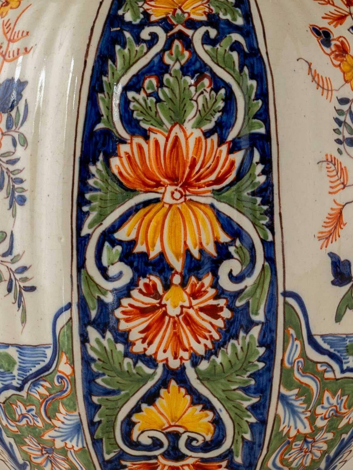 Delft-style ceramic table lamp from France around 1900 with a new blue velvet shade.