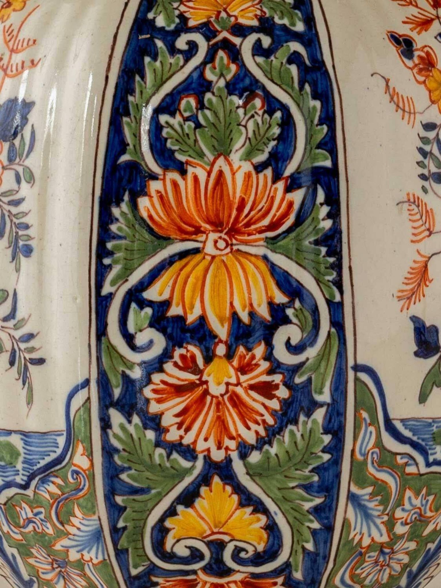 Delft-style ceramic table lamp from France around 1900 with a new blue velvet shade.