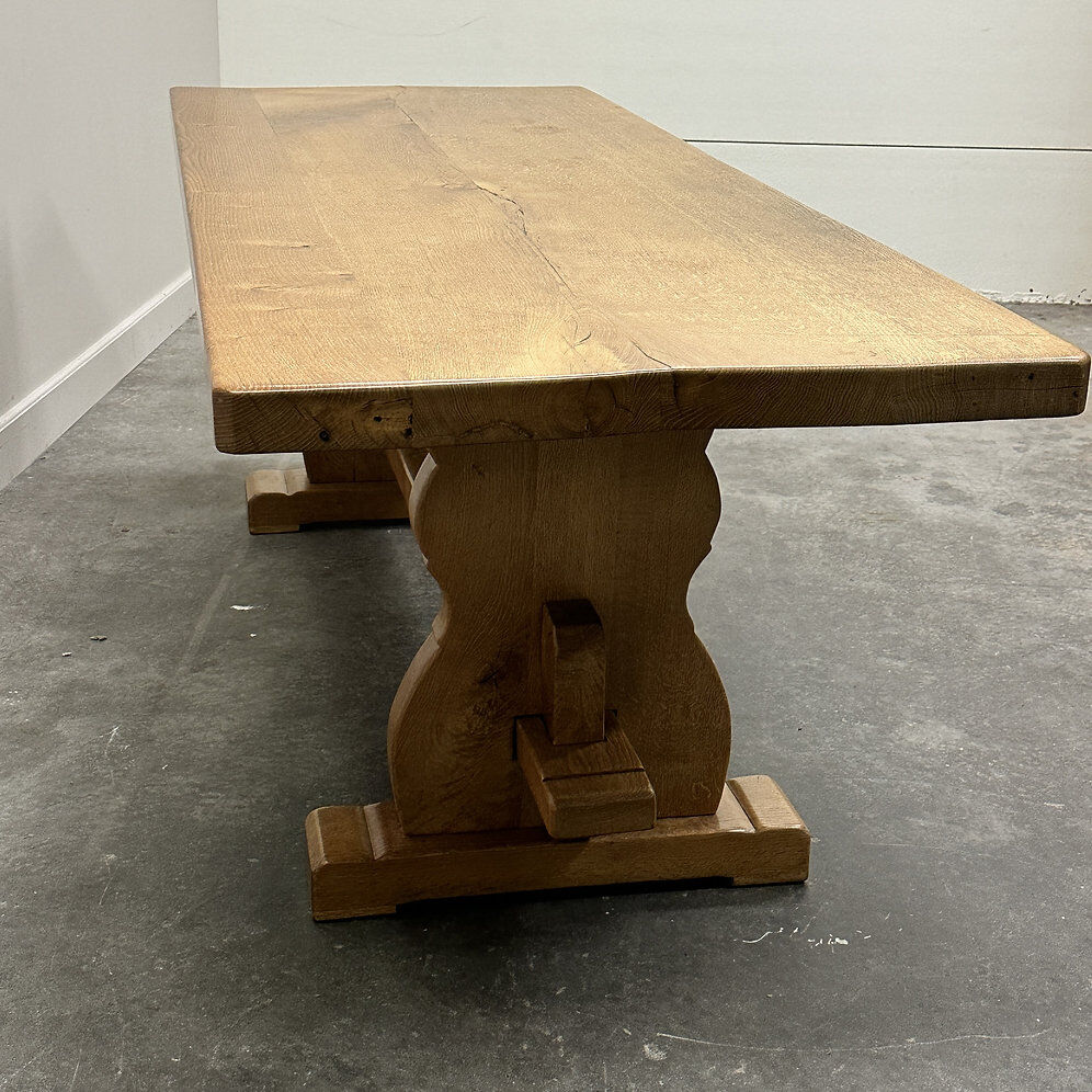 Vintage large French blonde oak monastery dining table, 1960s.