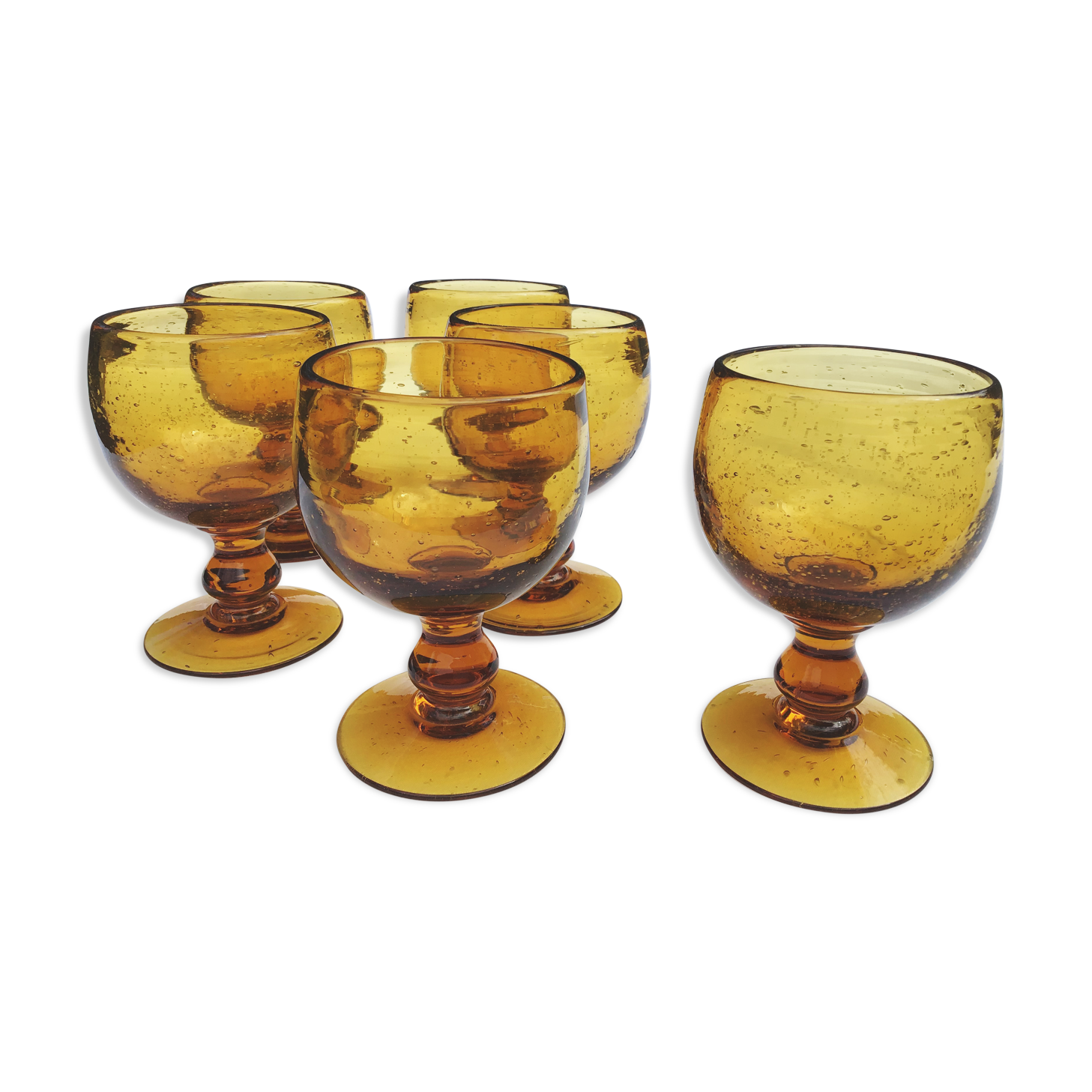 6 amber bubble-blown water glasses
