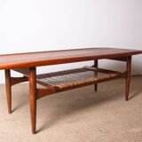 Danish coffee table in teak and rattan by KT Mobler 1960