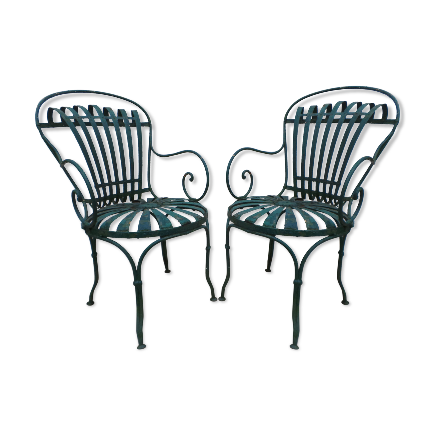 Pair of wrought iron garden chairs by François Carre