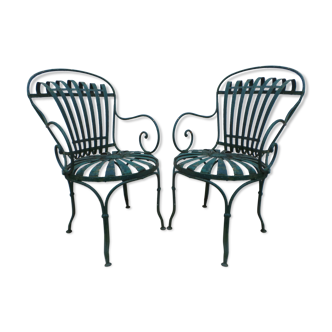 Pair of wrought iron garden chairs by François Carre
