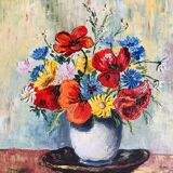 Oil on canvas: Still life with bouquet