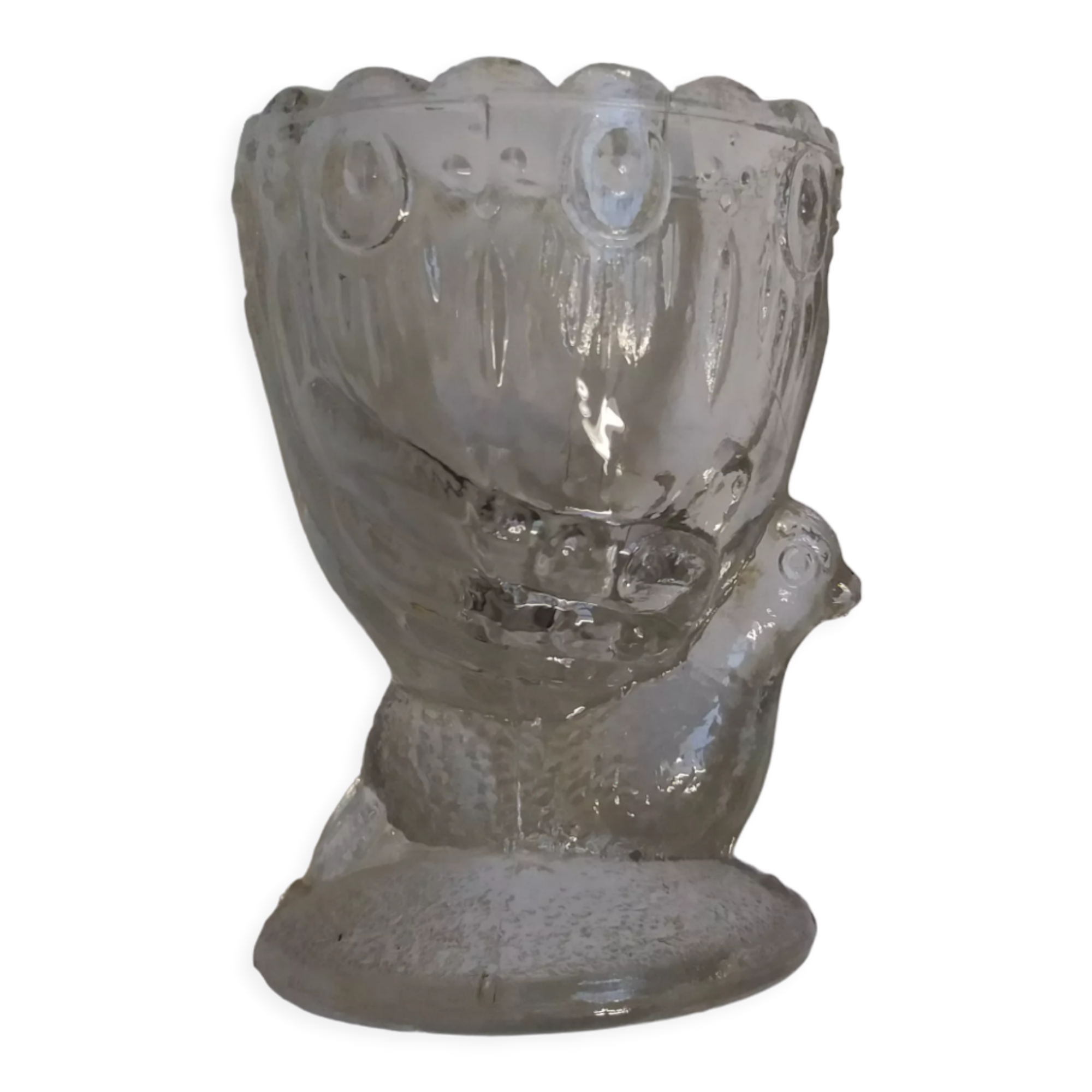 Molded glass egg cup with pigeon bird