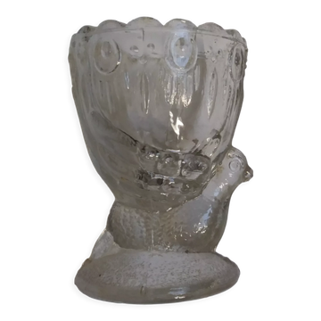 Molded glass egg cup with pigeon bird